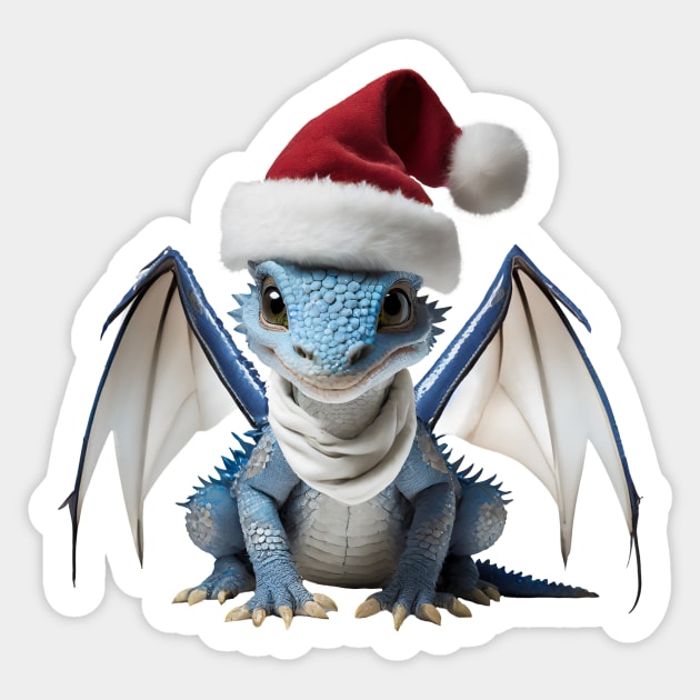 Cute Blue Baby Dragon Wearing a Red Festive Christmas Hat Sticker by Cuteopia Gallery